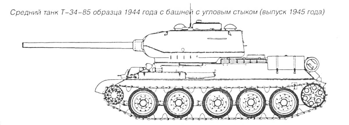 На раскраске изображено: Танк, Т-34-85, Военная техника, Гусеницы, Пушка, Вооружение