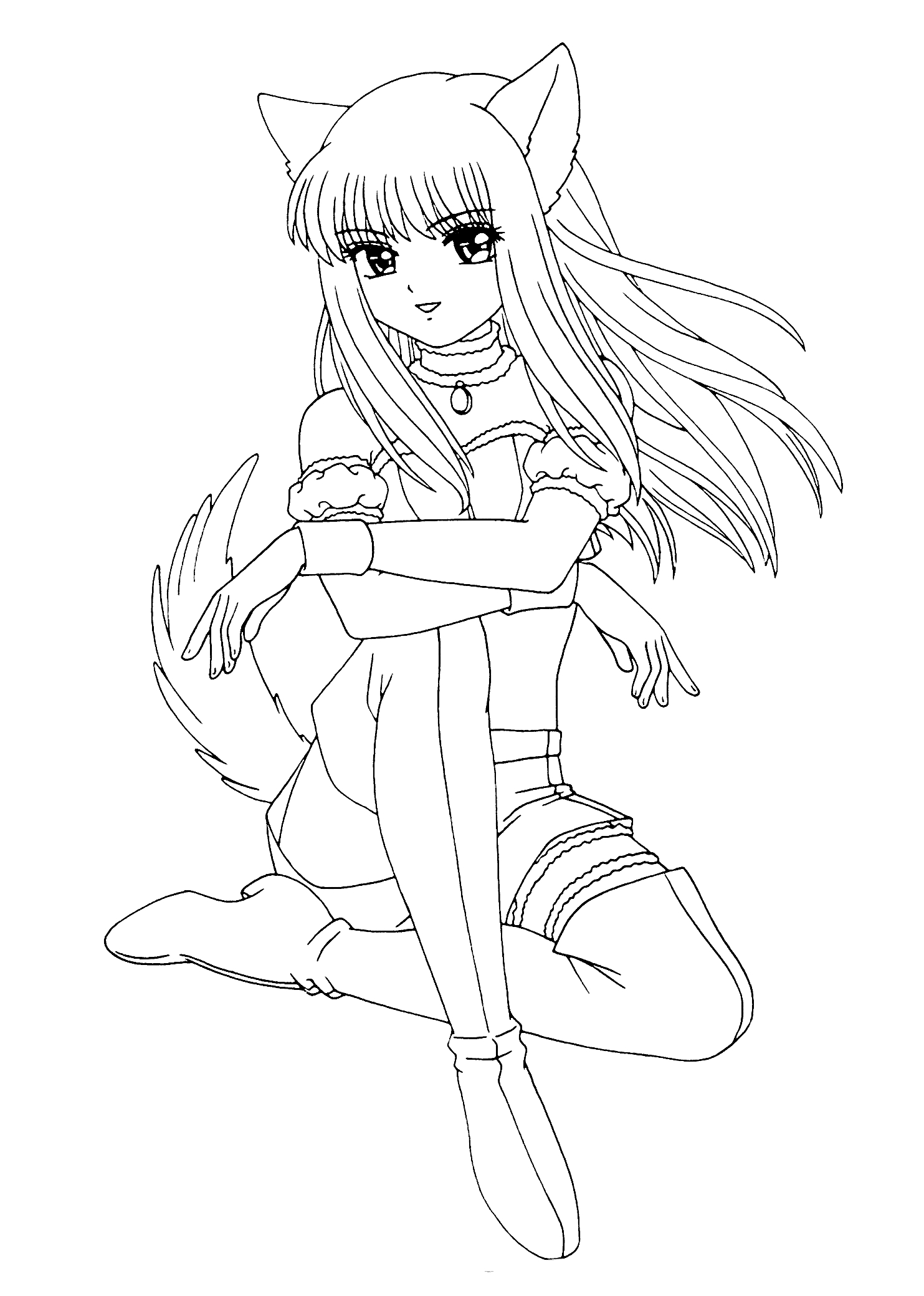 Раскраска Девушка аниме с кошачьими ушами и хвостом, сидящая с расслабленными руками, длинные волосы, нога на ногу