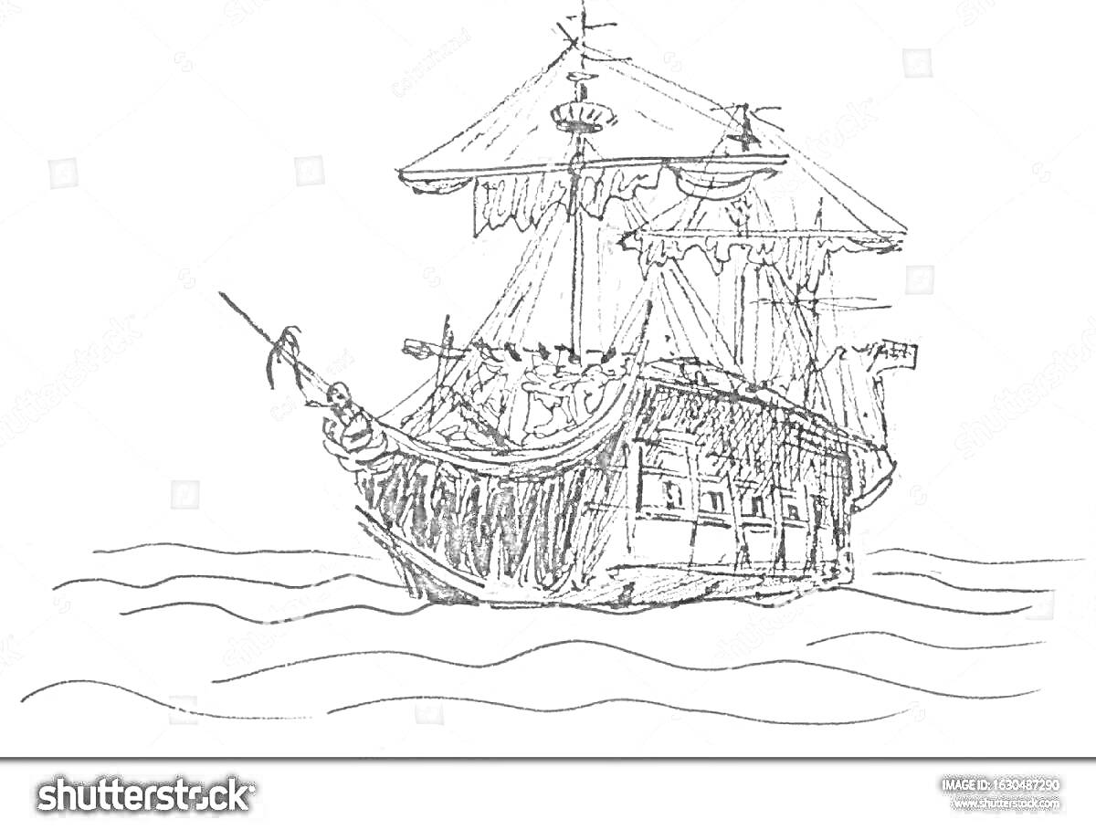 На раскраске изображено: Корабль, Море, Паруса, Канаты, Флаг