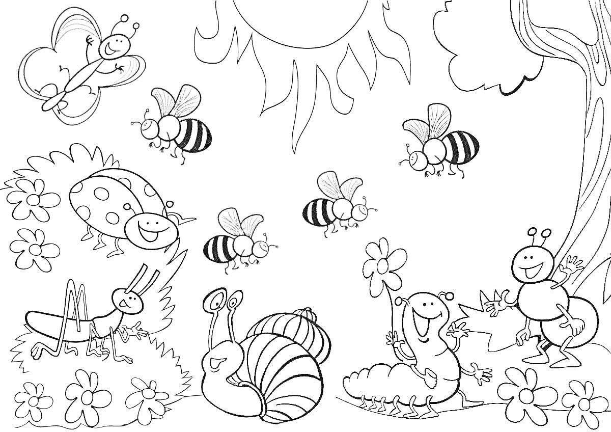 На раскраске изображено: Бабочка, Пчелы, Кузнечик, Улитка, Муравей, Цветы, Деревья, Солнце, Дошкольники