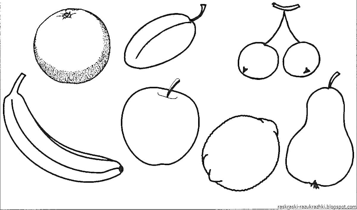 Раскраска апельсин, манго, вишня, банан, алма, лимон, алмұрт