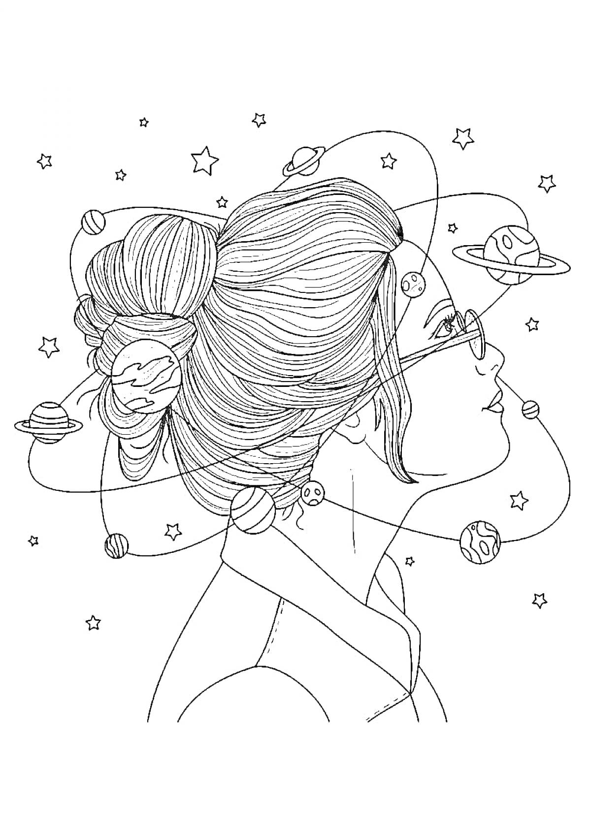 На раскраске изображено: Волосы, Планеты, Звезды, Очки, Космос, Эстетика