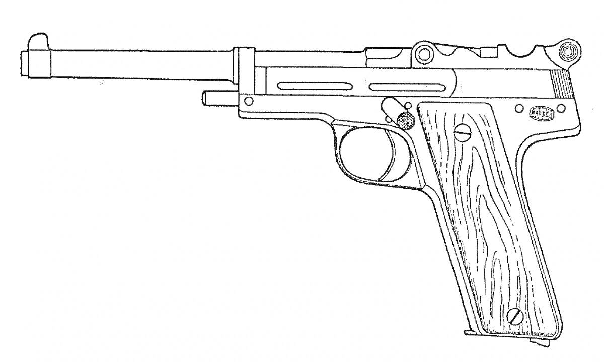 Раскраска Пистолет ТТ, черно-белая раскраска с деталями на рукоятке и стволе