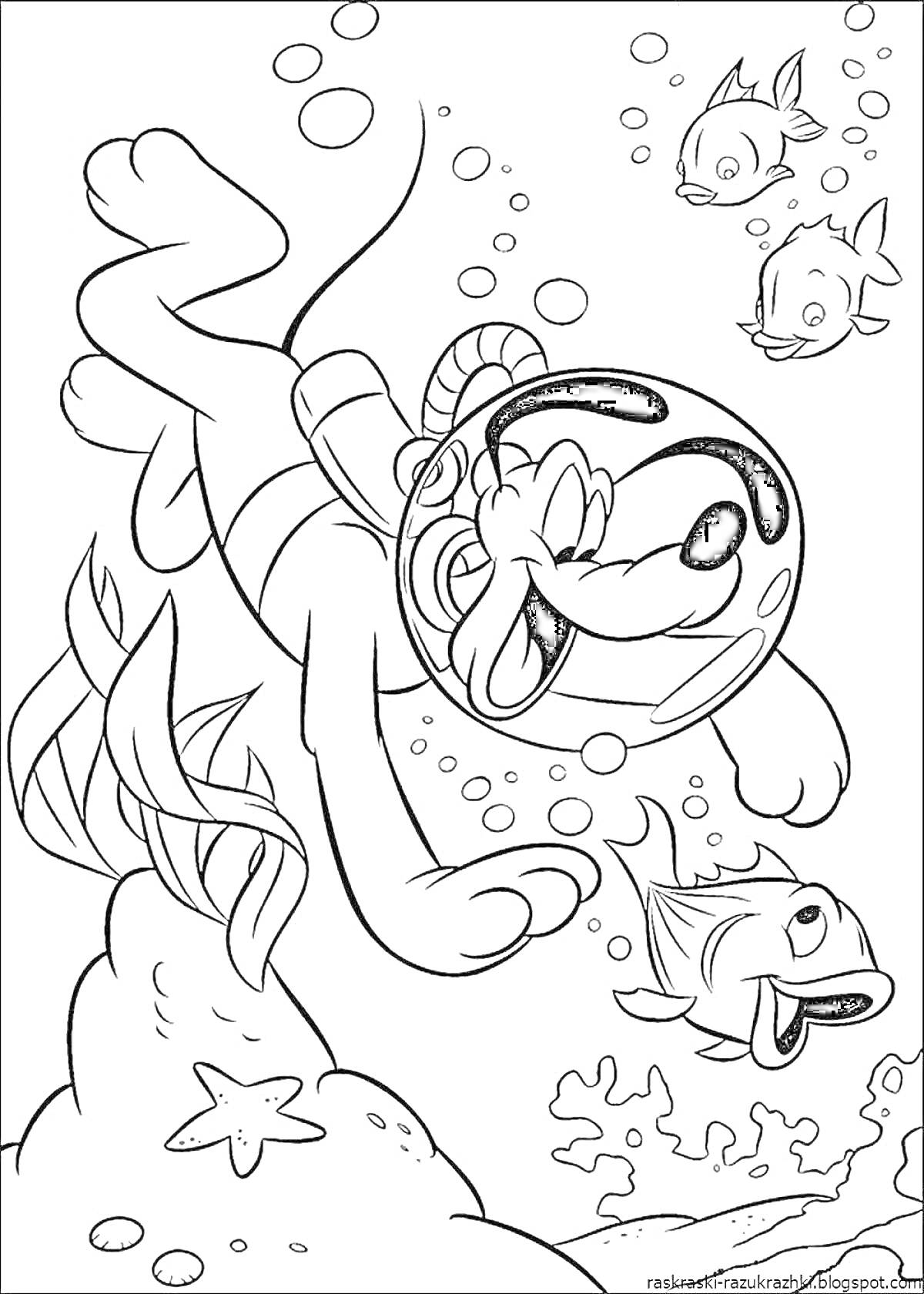 Раскраска Собака с шлемом, ныряющая в воду среди рыб, пузырей и кораллов