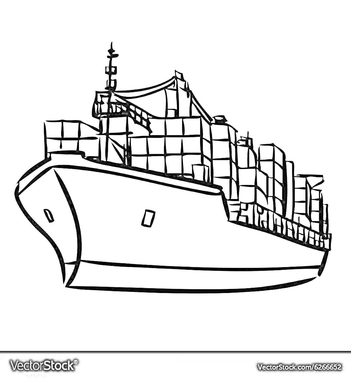 На раскраске изображено: Контейнеровоз, Корабль, Палуба, Море, Транспорт, Судоходство, Линии
