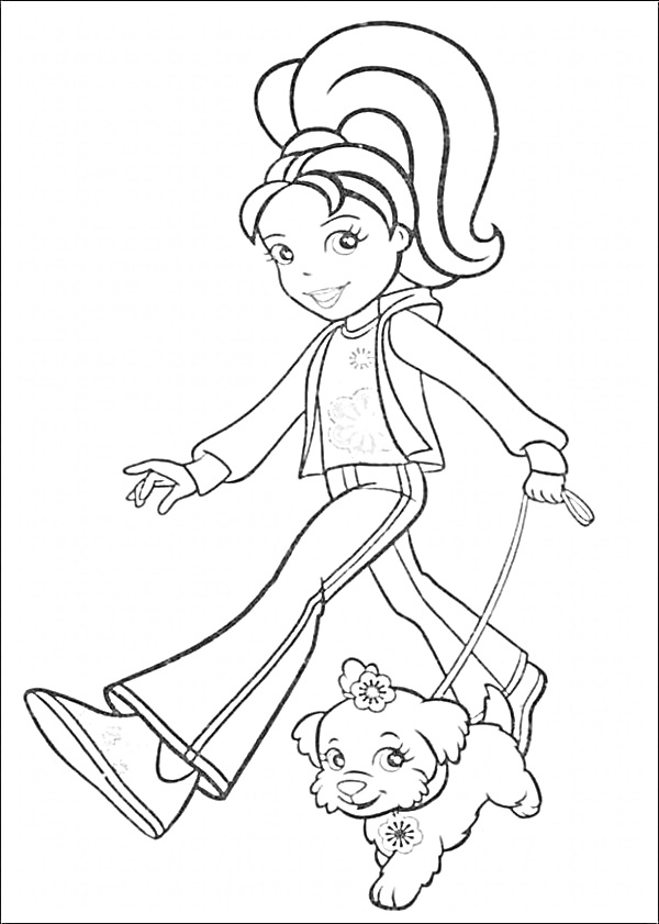 Девочка Полли Покет гуляет с маленькой собачкой на поводке