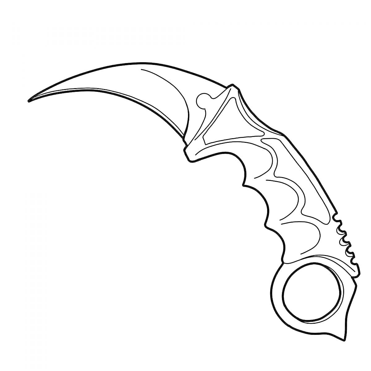 На раскраске изображено: Керамбит, Нож, Оружие, Изогнутое лезвие, Кольцо для пальца