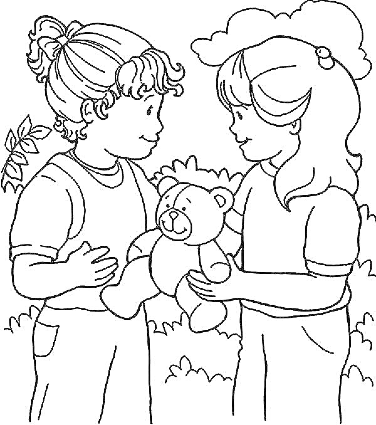 Раскраска Два ребенка, держащие плюшевого медвежонка на фоне деревьев и облаков