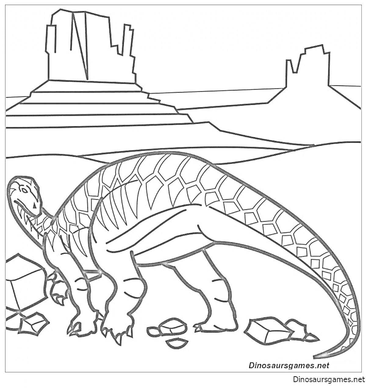 Раскраска Игуанодон на фоне пустынного ландшафта с камнями и скалами