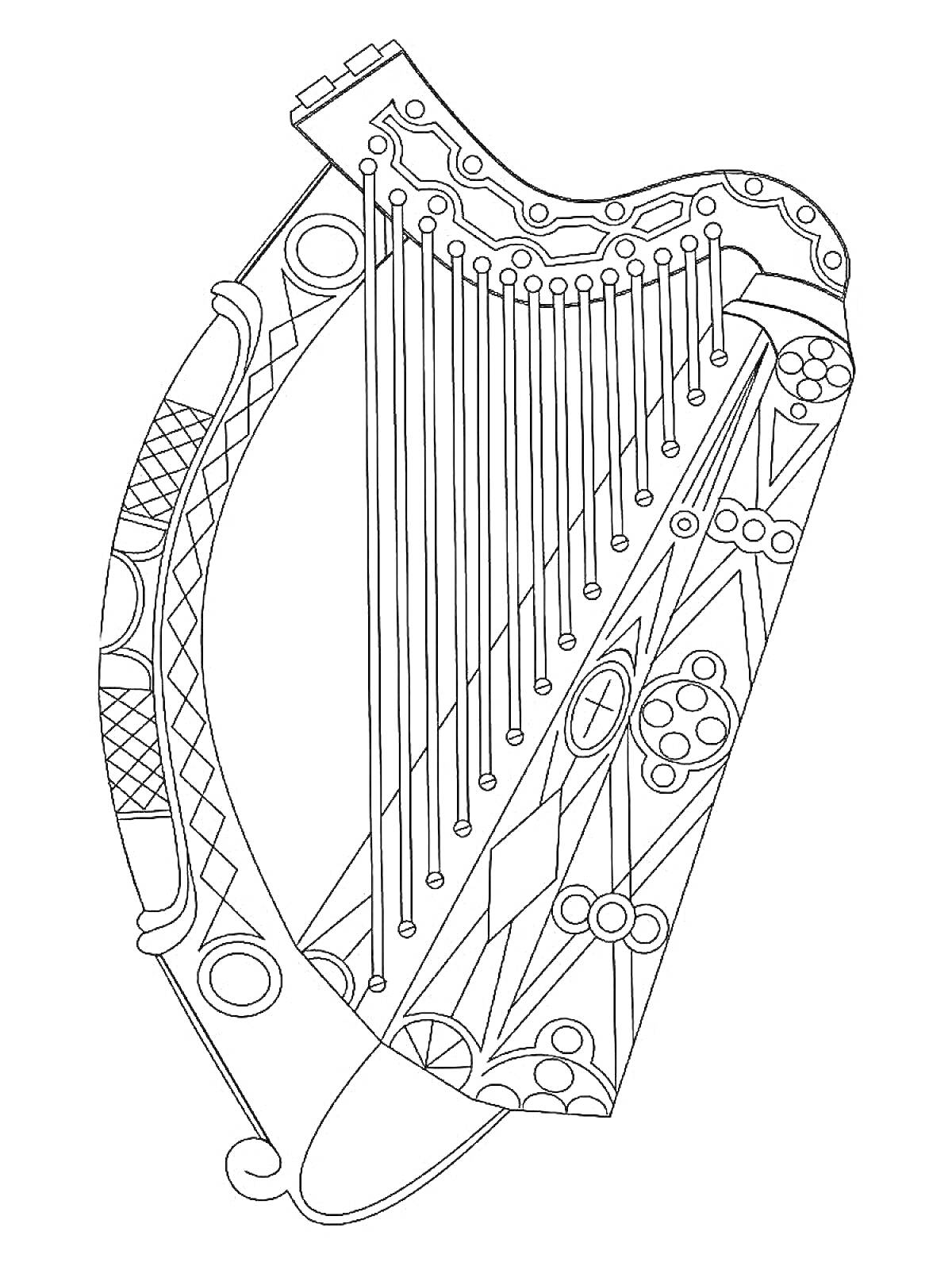 На раскраске изображено: Арфа, Узоры, Струны, Для детей, Геометрические элементы, Творчество, Музыкальные инструменты