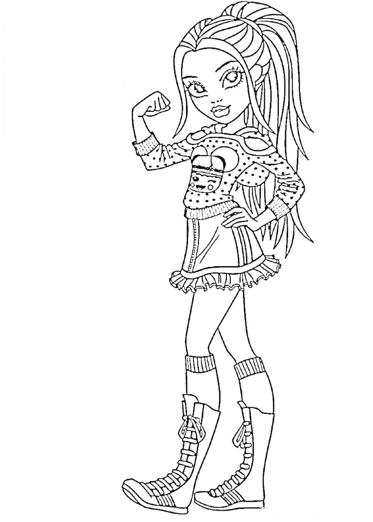 Раскраска Девушка с хвостом, свернутым в сторону, в стильной футболке, юбке и ботинках