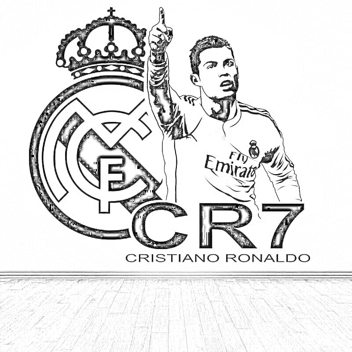 Раскраска Логотип Реал Мадрид, изображение футболиста в форме Реал Мадрид, надпись CR7, надпись Cristiano Ronaldo