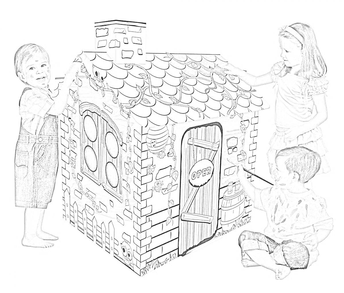 Раскраска Дети раскрашивают картонный домик с трубой, окнами и дверью