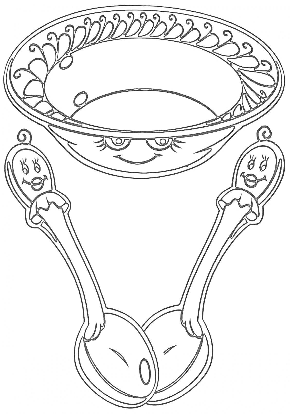Раскраска Миска с узорами и две ложки с лицами