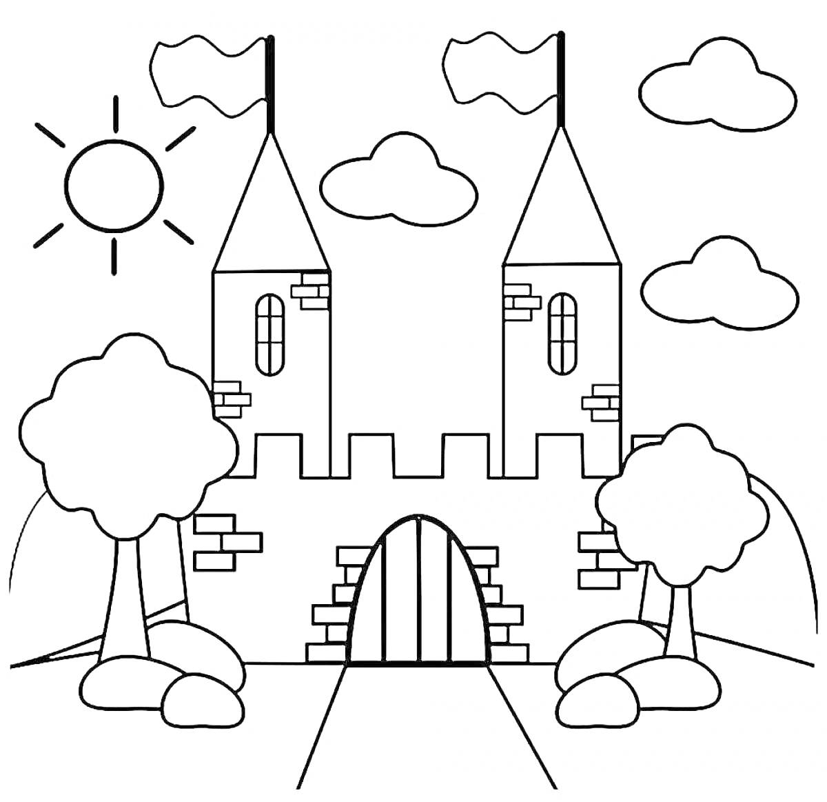 На раскраске изображено: Дворец, Башни, Деревья, Камни, Солнце, Облака