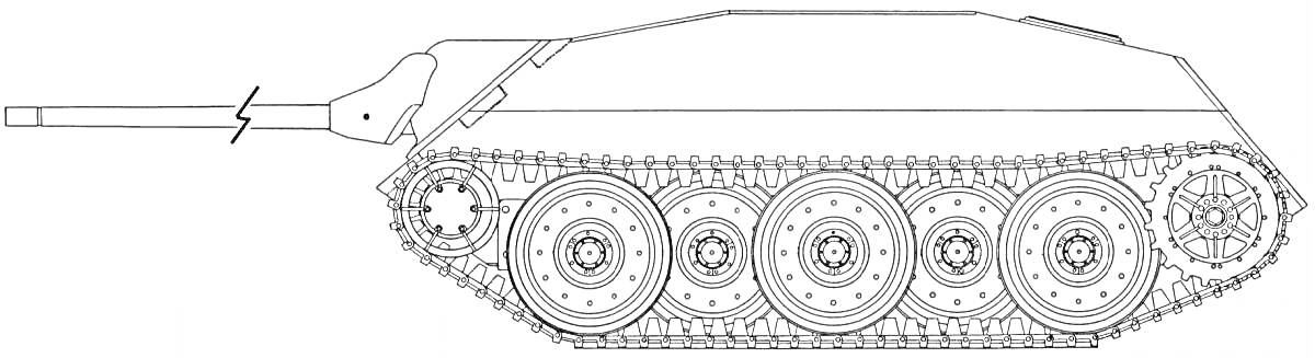 Раскраска Сторонний вид танка E100 с орудием и гусеничной ходовой частью