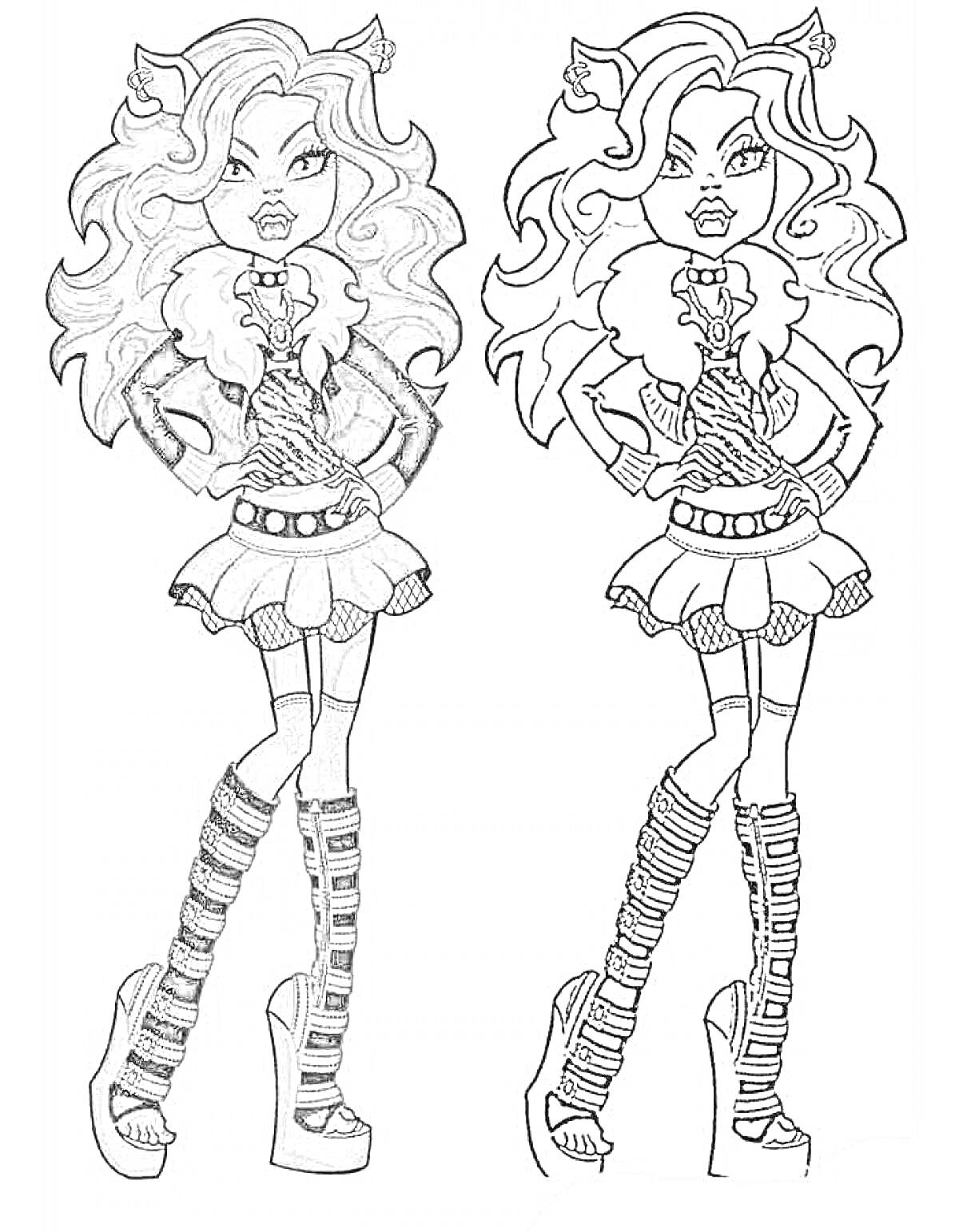 Раскраска Девушка-волк с длинными волосами, одетая в короткую юбку, жилетку с мехом и высокие сапоги