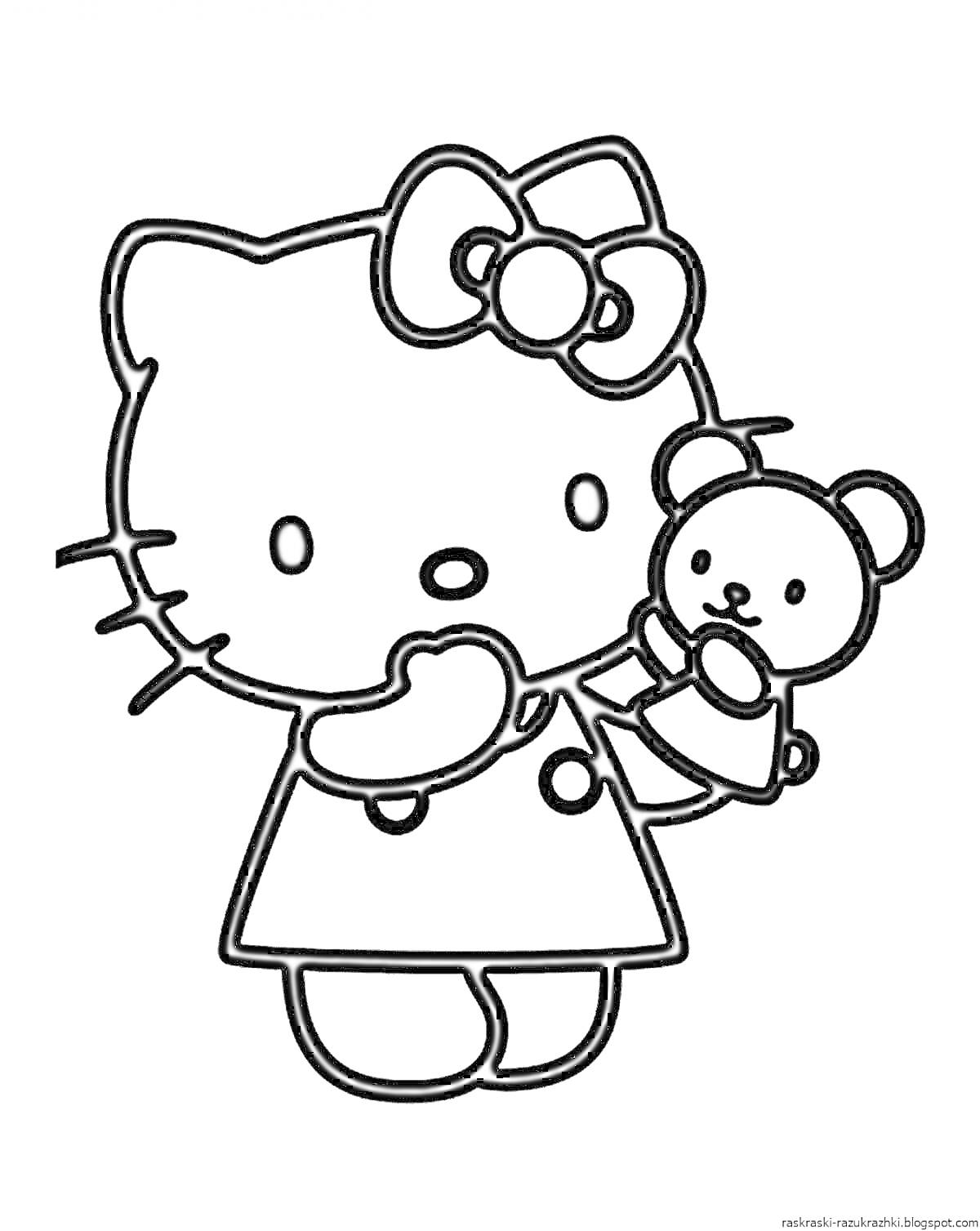 Раскраска Hello Kitty с бантиком и плюшевым медведем