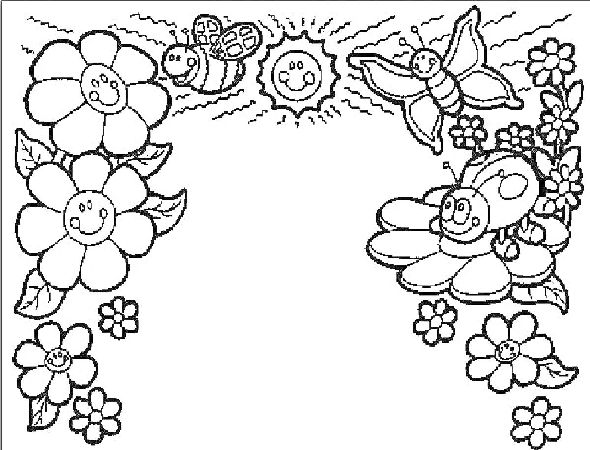 На раскраске изображено: Цветы, Пчёлы, Бабочка, Солнце, Листья, Природа, Для детей, Насекомое, Божьи коровки, Улыбка