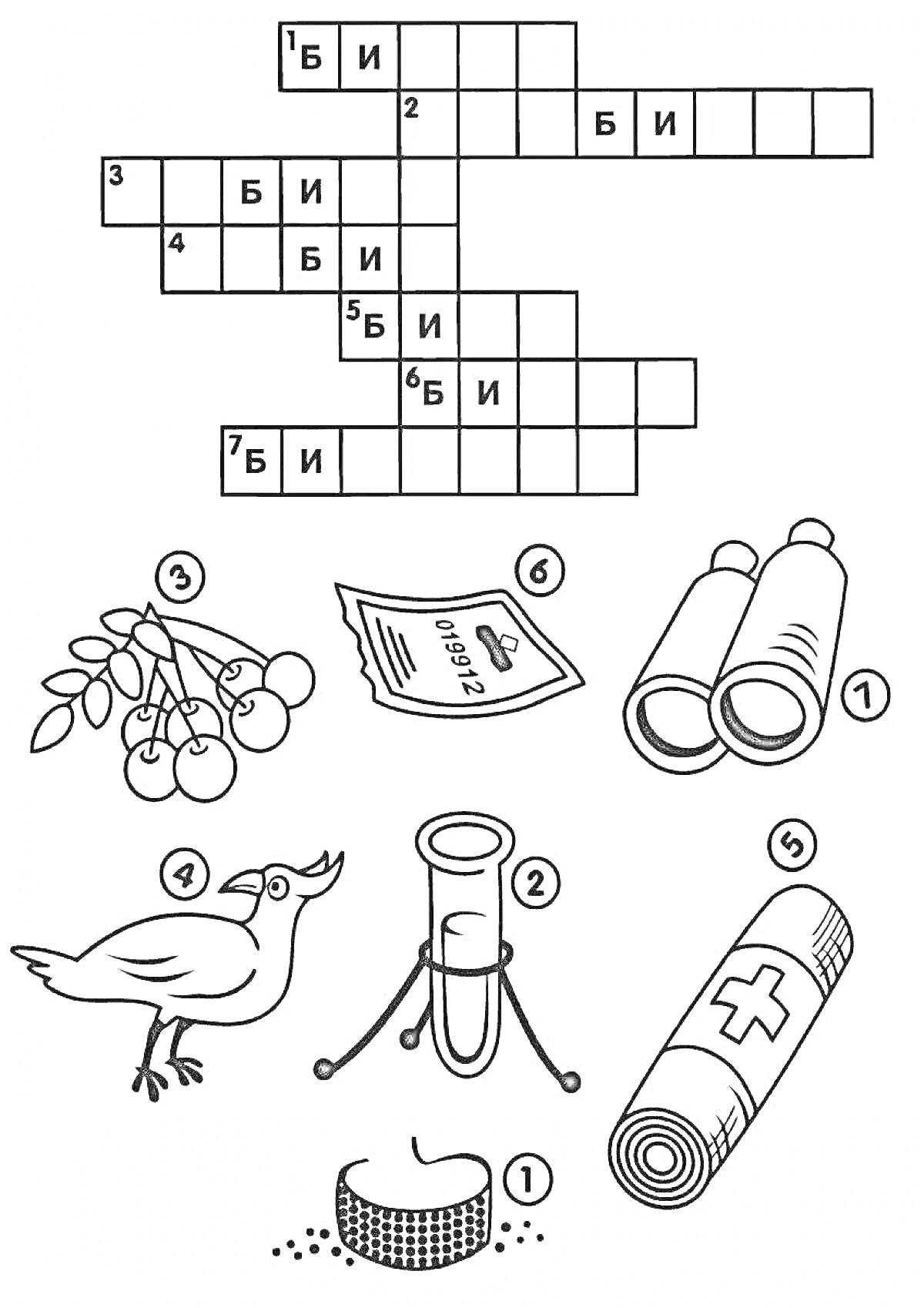 Раскраска Кроссворд с предметами: бинокль, вишня, птица, пробирка, бинт, газета, сыр
