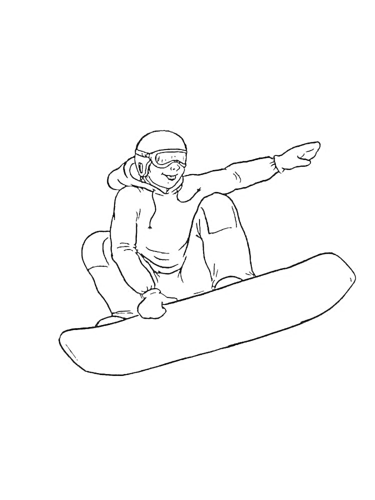 Раскраска Сноубордист в прыжке с вытянутой рукой, в шлеме и защитных очках