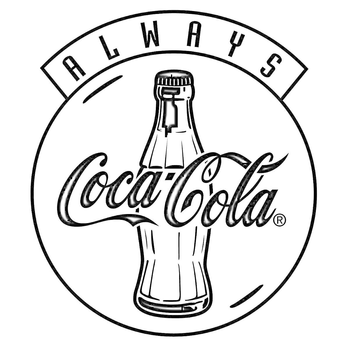 На раскраске изображено: Кока-кола, Бутылка, Бренд, Напиток, Логотипы