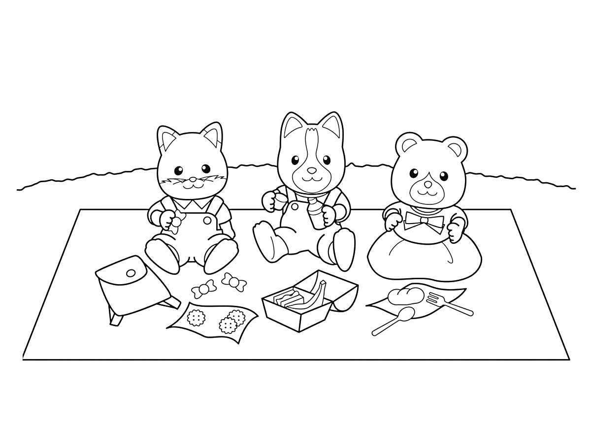 Раскраска Пикник с Тремя Персонажами Сильвана Фэмили - Кошка, Собака и Медведь с Едой и Принадлежностями