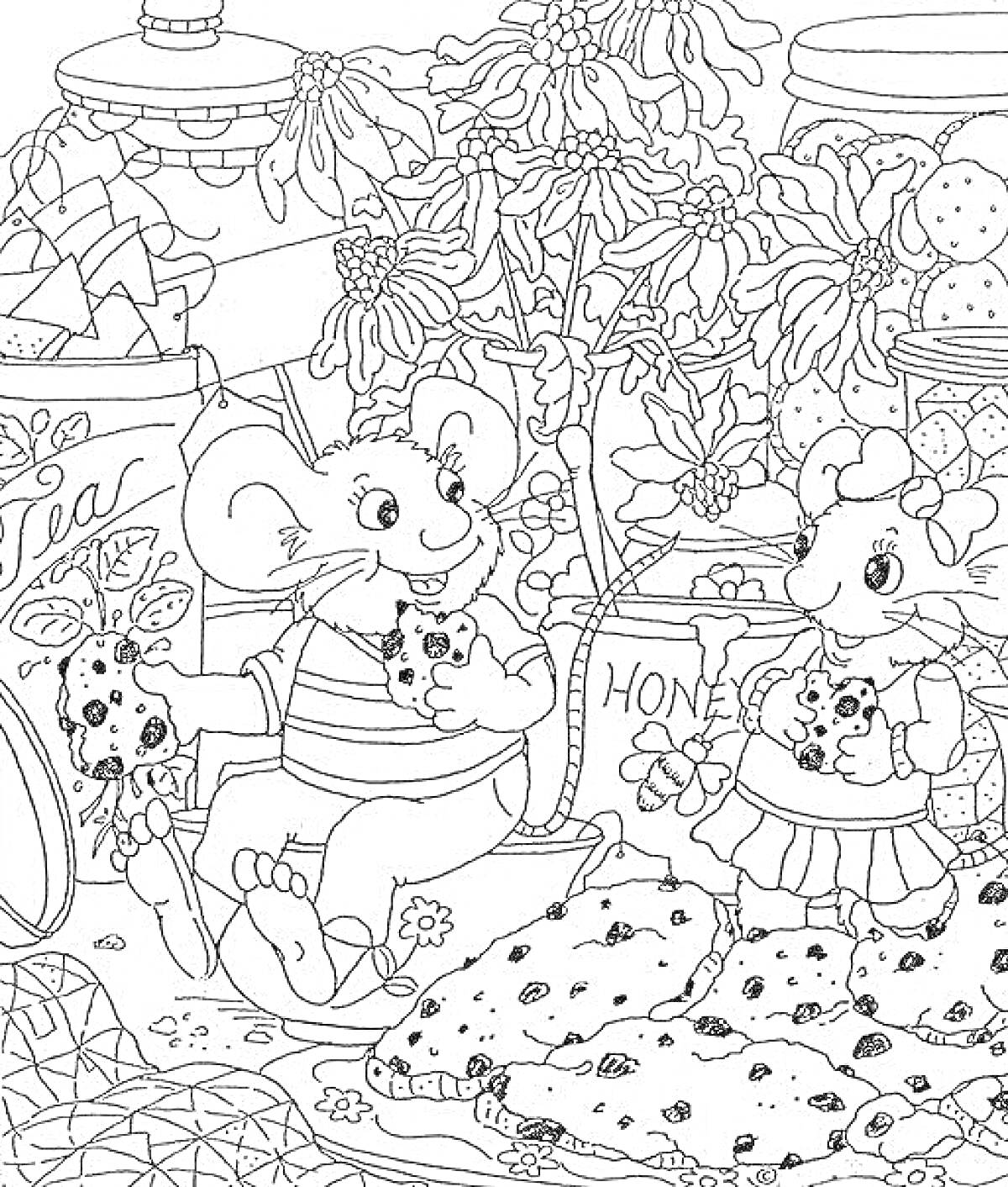 На раскраске изображено: Мышки, Чайник, Цветы, Чай, Мёд, Печенье, Чашки, Сад, Пикник, Баночка