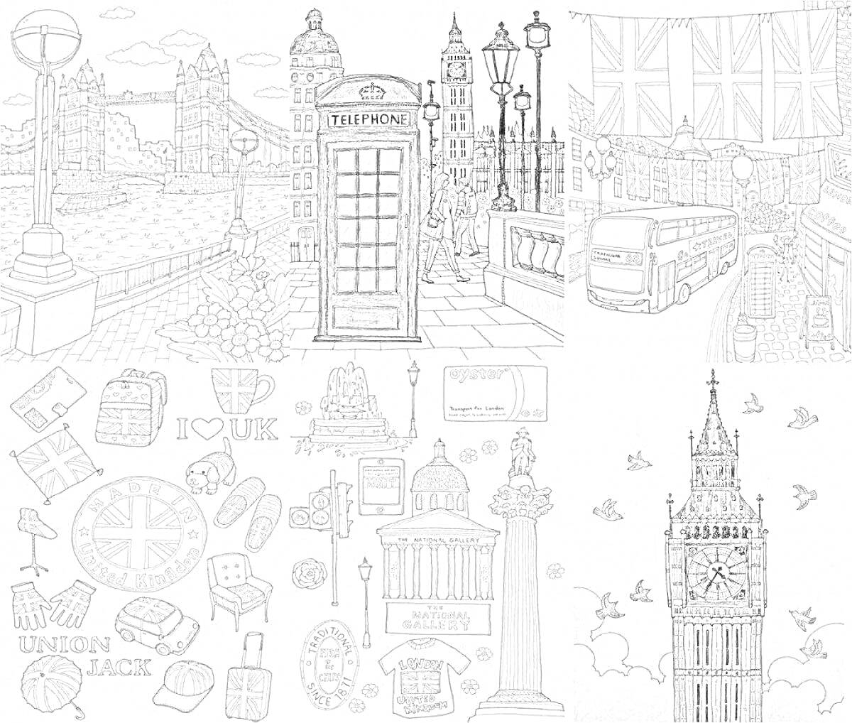 На раскраске изображено: Лондон, Достопримечательности, Тауэрский мост, Телефонная будка, Двухэтажный автобус, Лондонский глаз, Union Jack, Корона