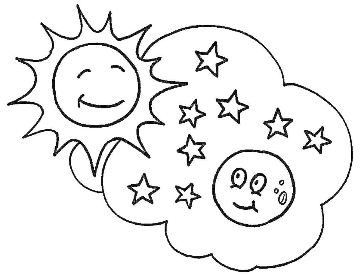 На раскраске изображено: Солнце, Луна, Звезды, Небо, День, Ночь, Для детей, Облака, Улыбка