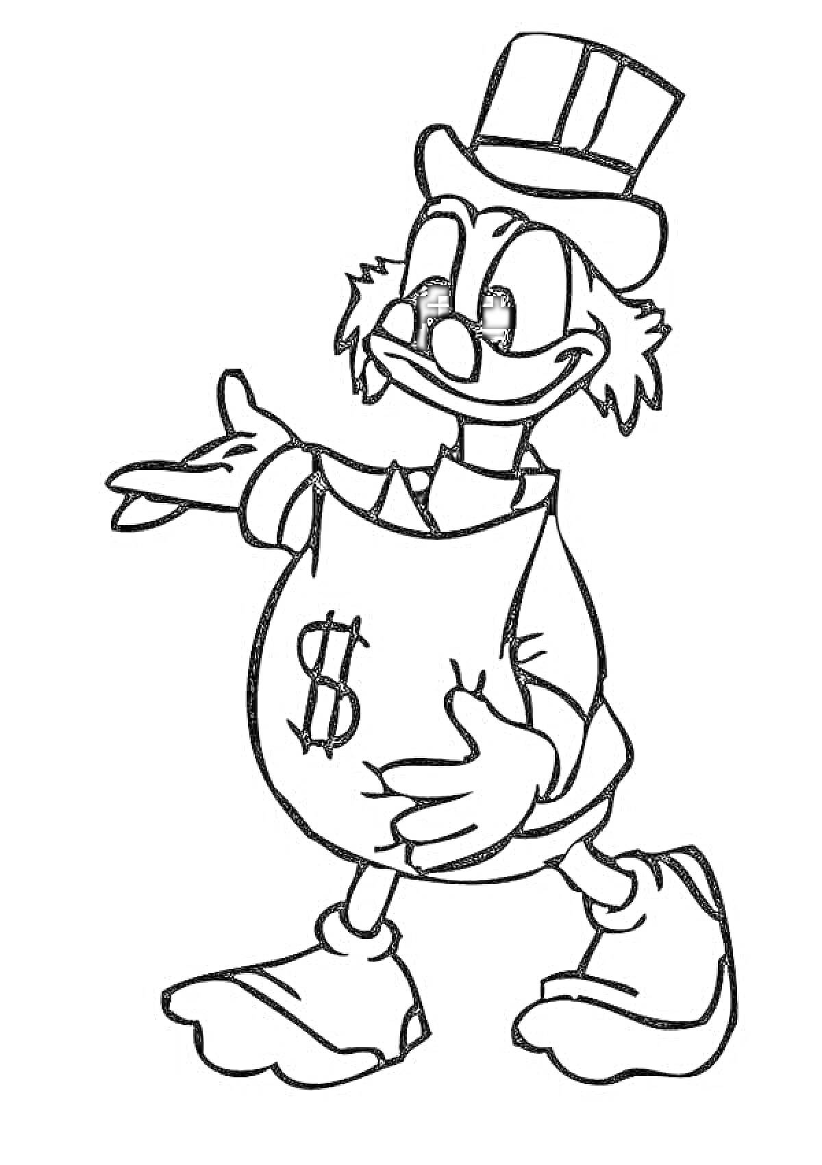 Раскраска утка в шляпе с символом доллара на одежде