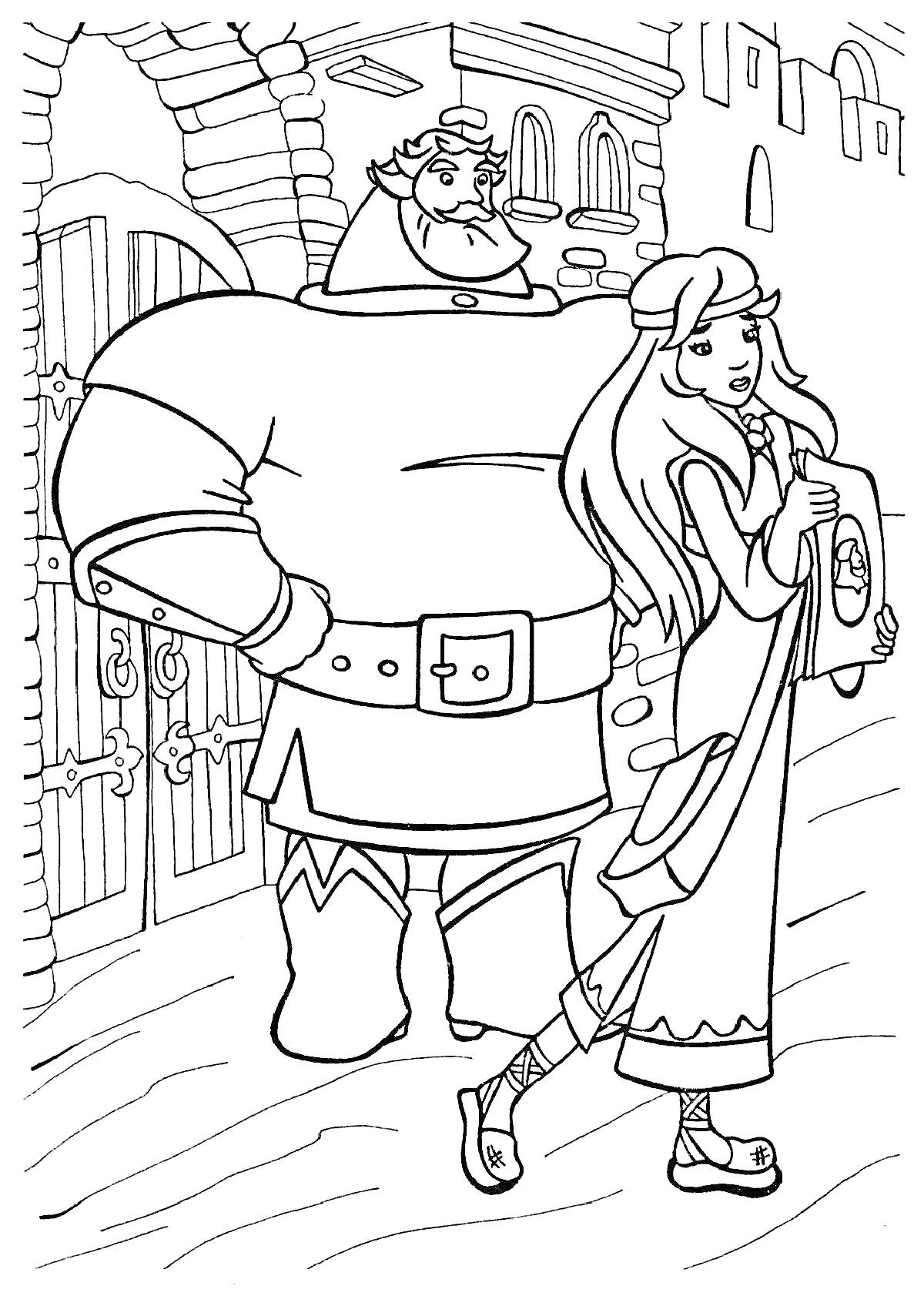 Раскраска Богатырь и девушка возле городских ворот