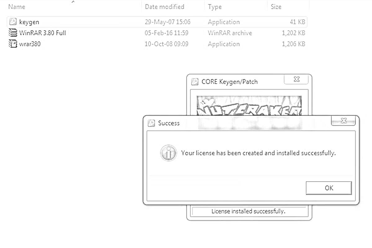 Папка с файлами (keygen, WinRAR 5.40 Final, winRAR580) и окно с сообщением об успешной установке лицензионного ключа.