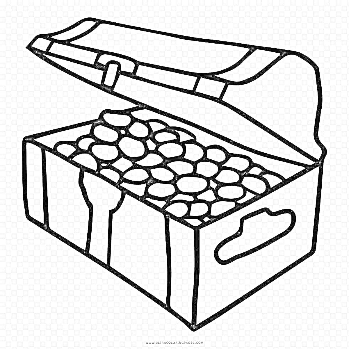 Раскраска сундук с открытой крышкой и золотыми монетами