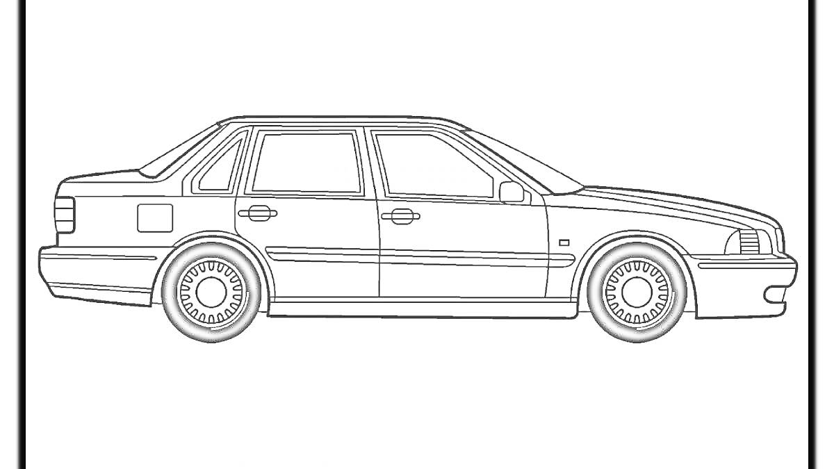 Раскраска Чертеж автомобиля Volvo, вид сбоку, четыре двери, легковой автомобиль
