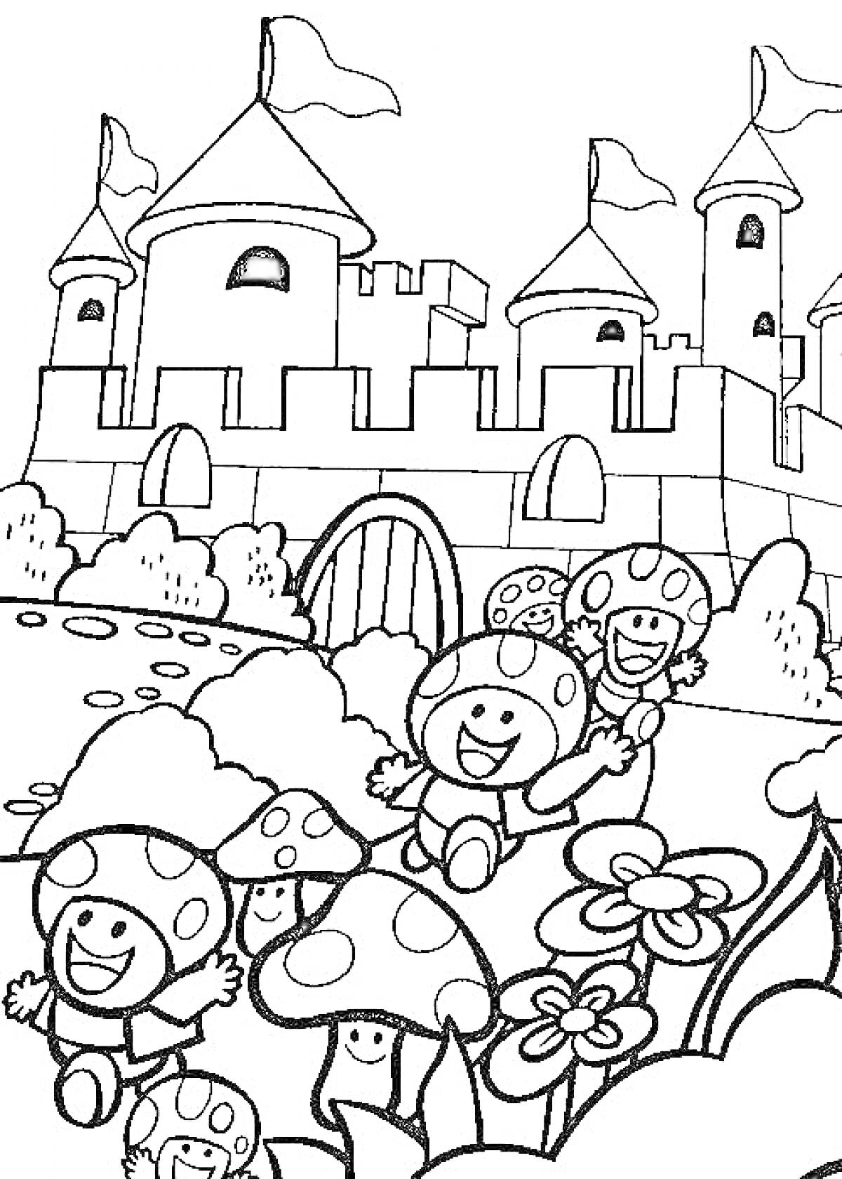 Раскраска Традиционные персонажи Марио - грибы Тод и замок, грибные человечки на переднем плане на фоне замка