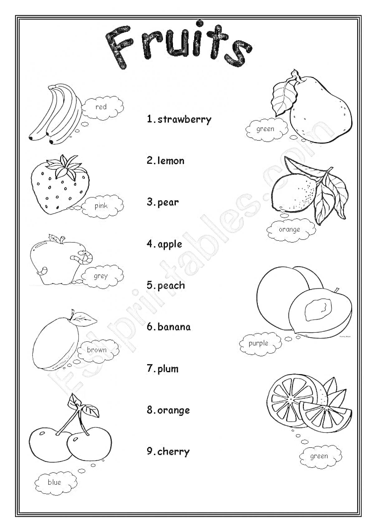 Раскраска Фрукты - клубника, лимон, груша, яблоко, персик, банан, слива, апельсин, вишня