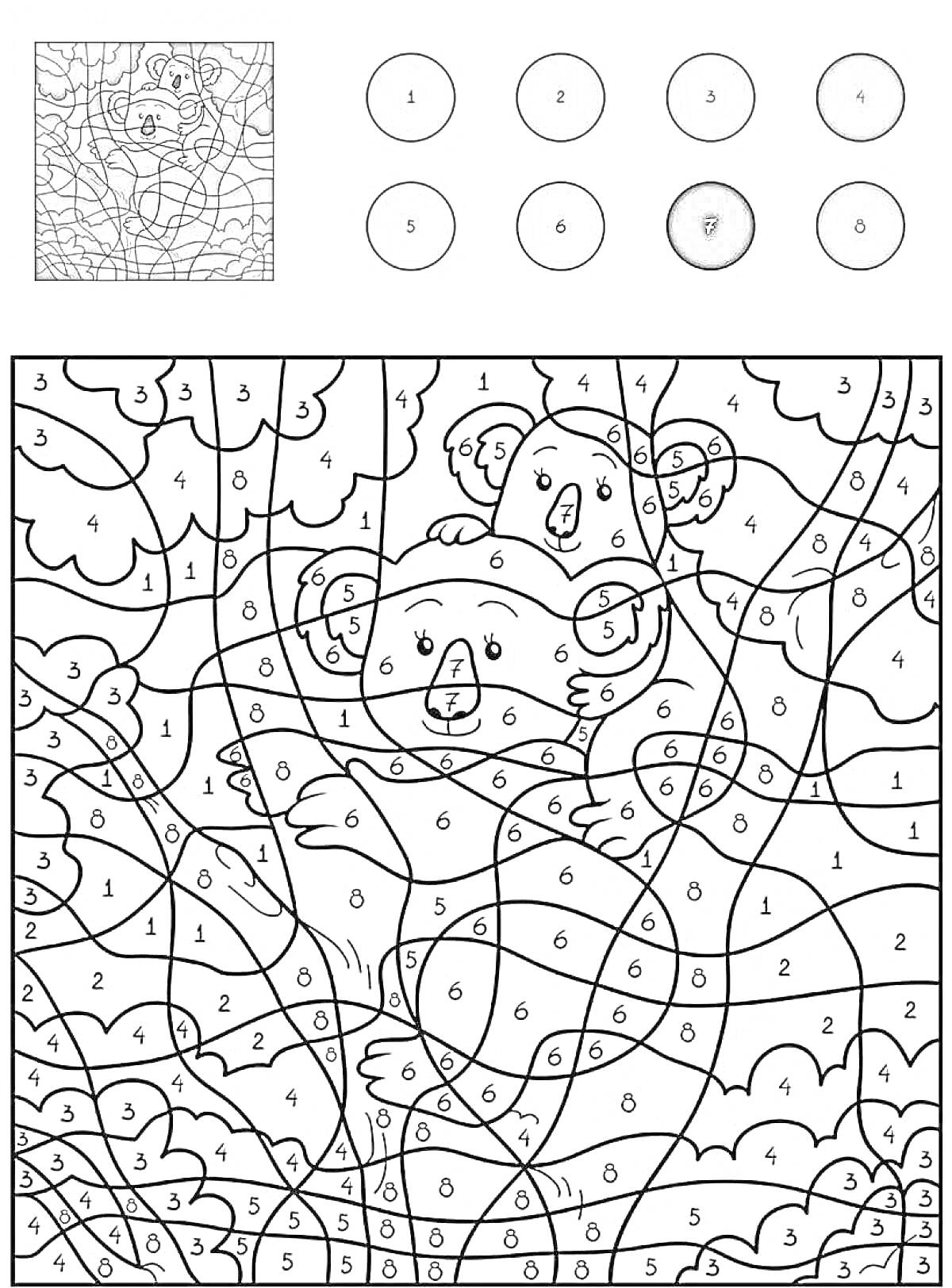 На раскраске изображено: Цифры, Коалы, Животные
