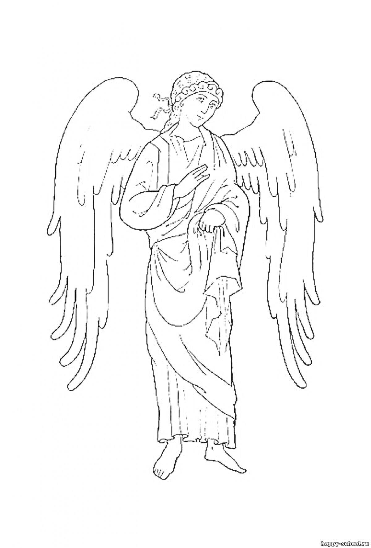 На раскраске изображено: Ангел, Хранитель, Крылья, Платок, Одеяние, Небесное существо, Духовность