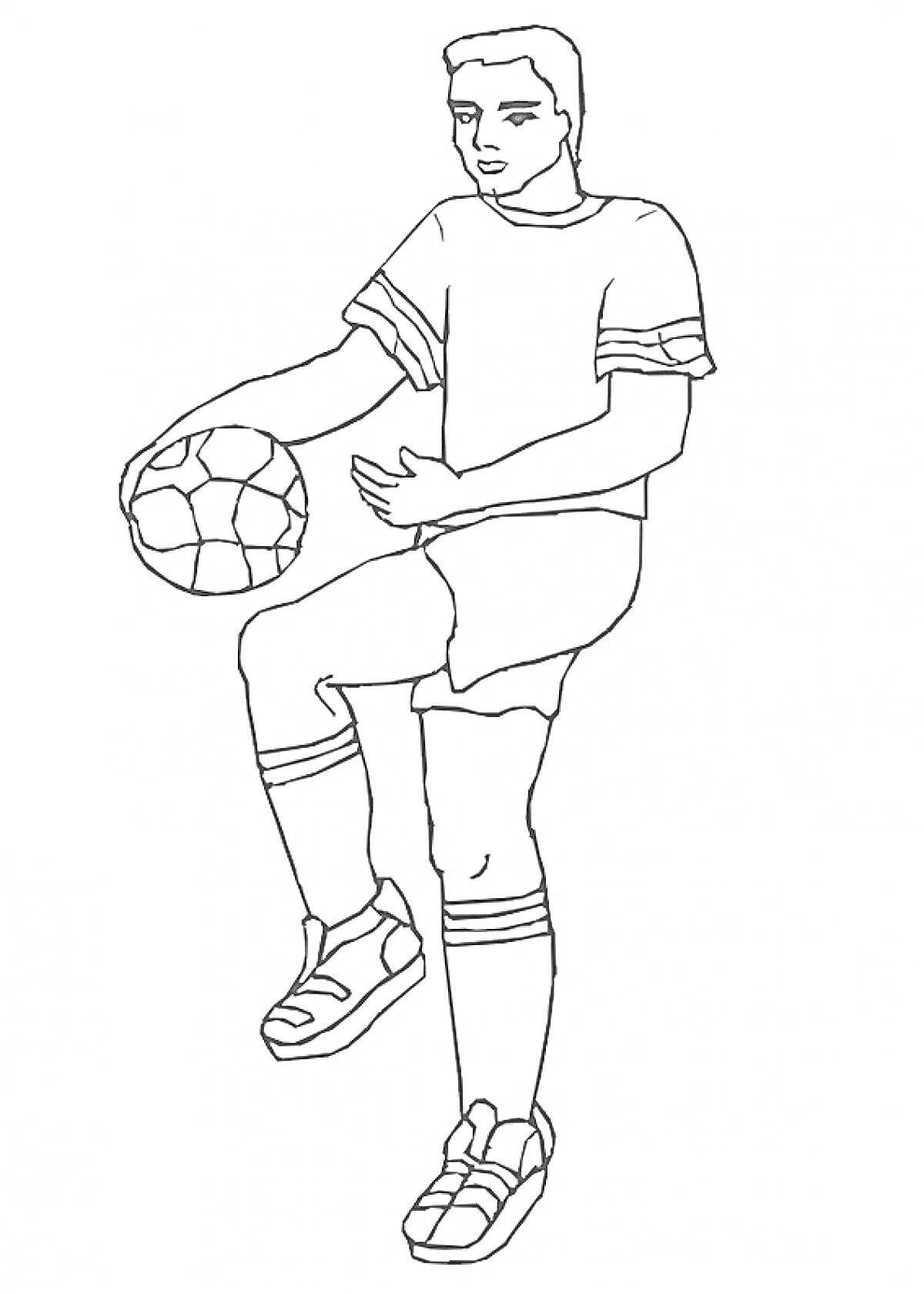 На раскраске изображено: Футбол, Спортсмен, Жонглирование, Спорт, Футбольная форма, Человек, Мячи