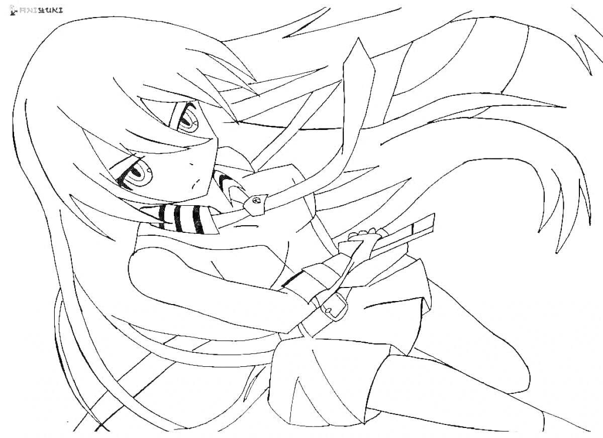 Раскраска Девушка с длинными волосами, в школьной форме с галстуком, держащая нож