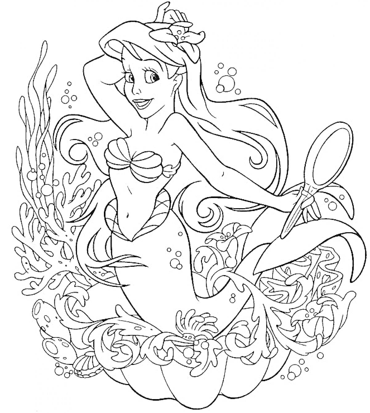 Раскраска Русалка с цветком в волосах, сидящая среди подводной растительности с зеркалом в руке