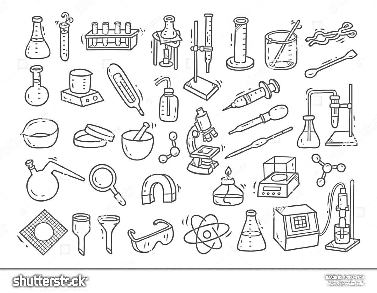 Раскраска Лаборатория для детей: колбы, пробирки, измерительные стаканы, штативы, зажимы, спиртовка, пипетки, мензурки, сосуды, микроскоп, пинцеты, чаши Петри, ступки и пестики, мерные цилиндры, весы, гексагональные элементы, электронагреватель, защитные очки, атом