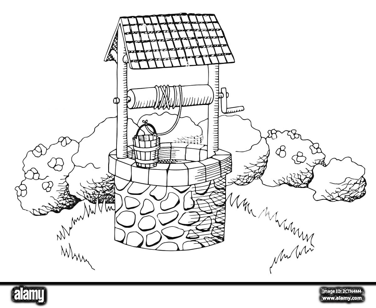 Раскраска Колодец с ведром, кустами и травой