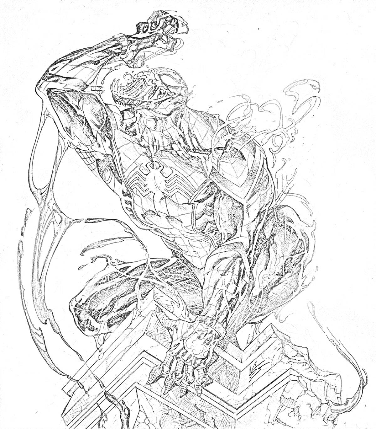 Раскраска Человек Паук в костюме Венома на вершине здания с паутиной