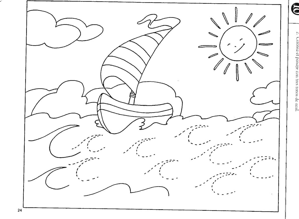 На раскраске изображено: Лодка, Море, Солнце, Облака, Волны, Природа, Небо
