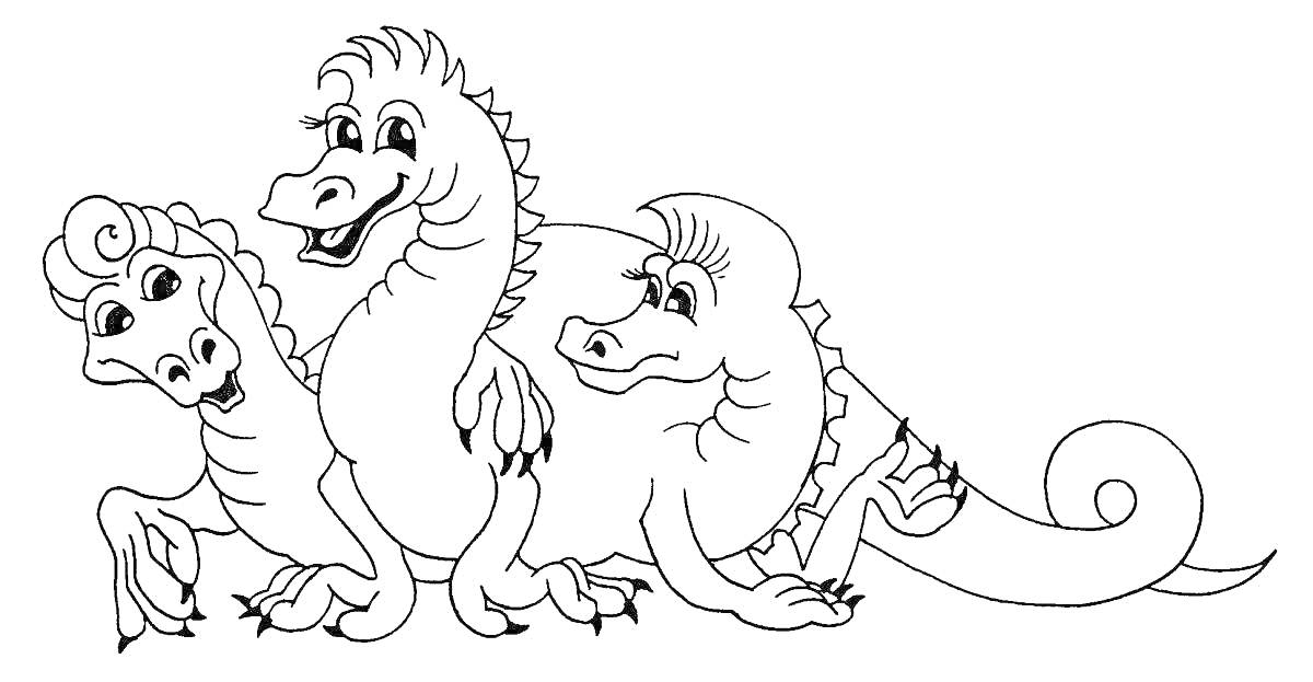 Раскраска Трехголовый дракон с хвостом и лапами