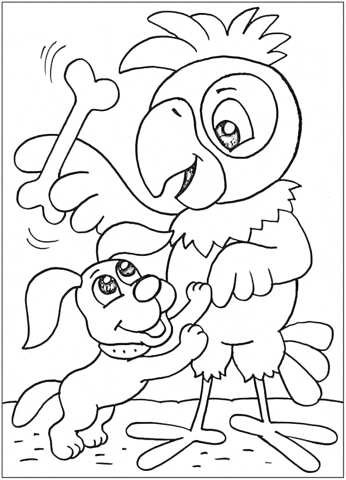 Раскраска Попугай Кеша держит кость в крыле и собачка