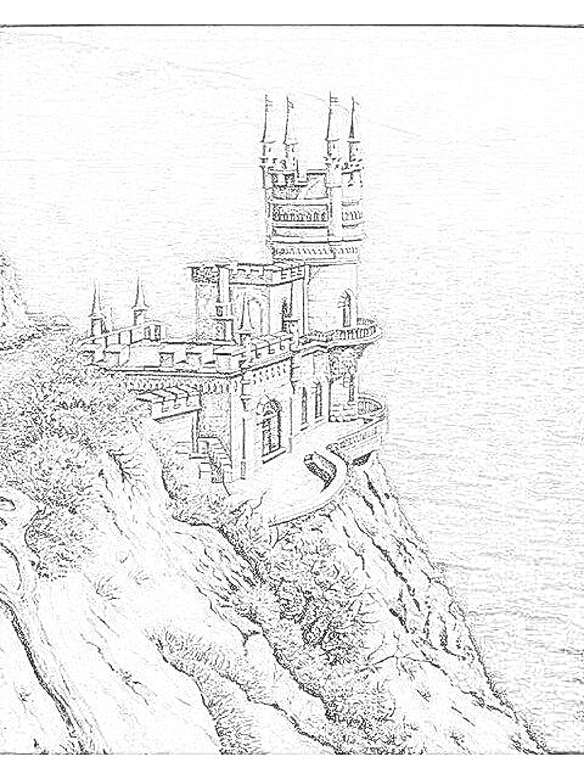 Раскраска Замок Ласточкино гнездо на скале у моря