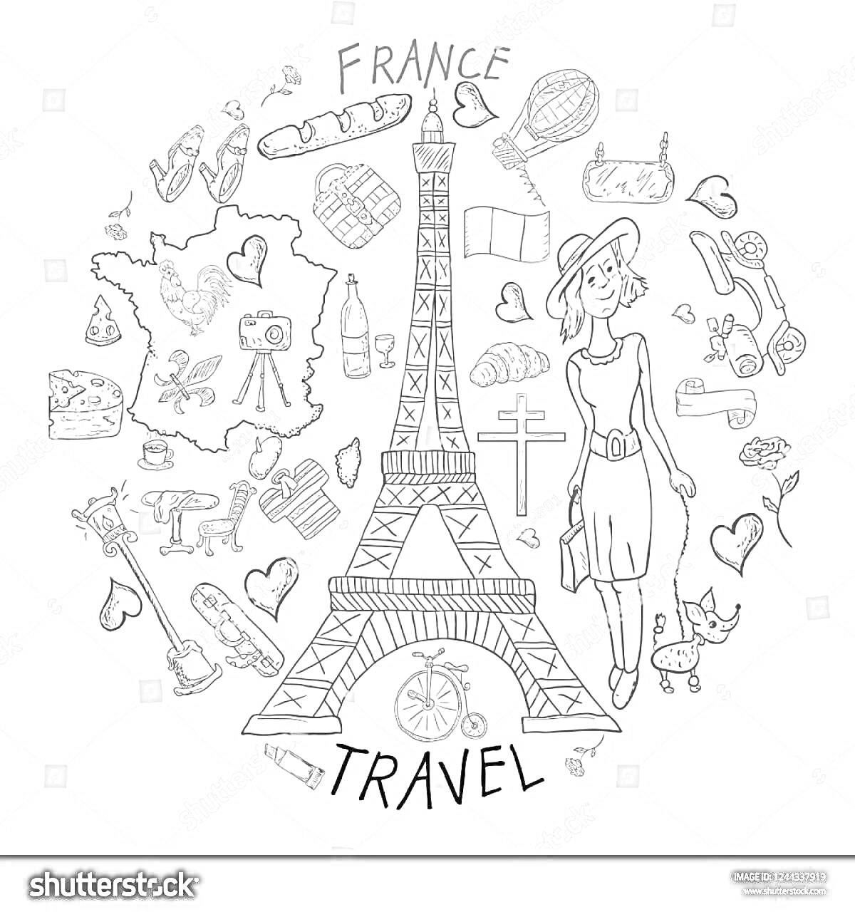 На раскраске изображено: Франция, Эйфелева башня, Карта, Собака, Камера, Крест, Одежда, Часы, Париж, Велосипед